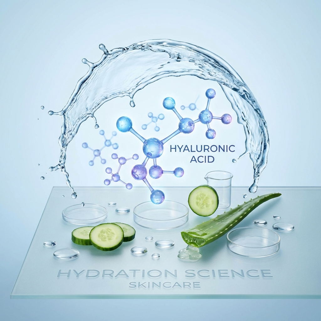 Elegant flat lay of luxury skincare products on marble surface with eucalyptus leaves