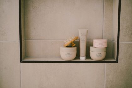 Simple Skincare Routine on a calm bathroom shelf with three core products
