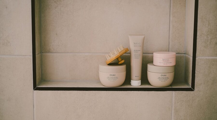 Simple Skincare Routine on a calm bathroom shelf with three core products